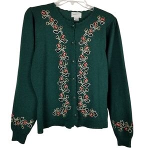 Vintage Womens Wool Cardigan Sweater Size Medium Office Siren Green Embroidered